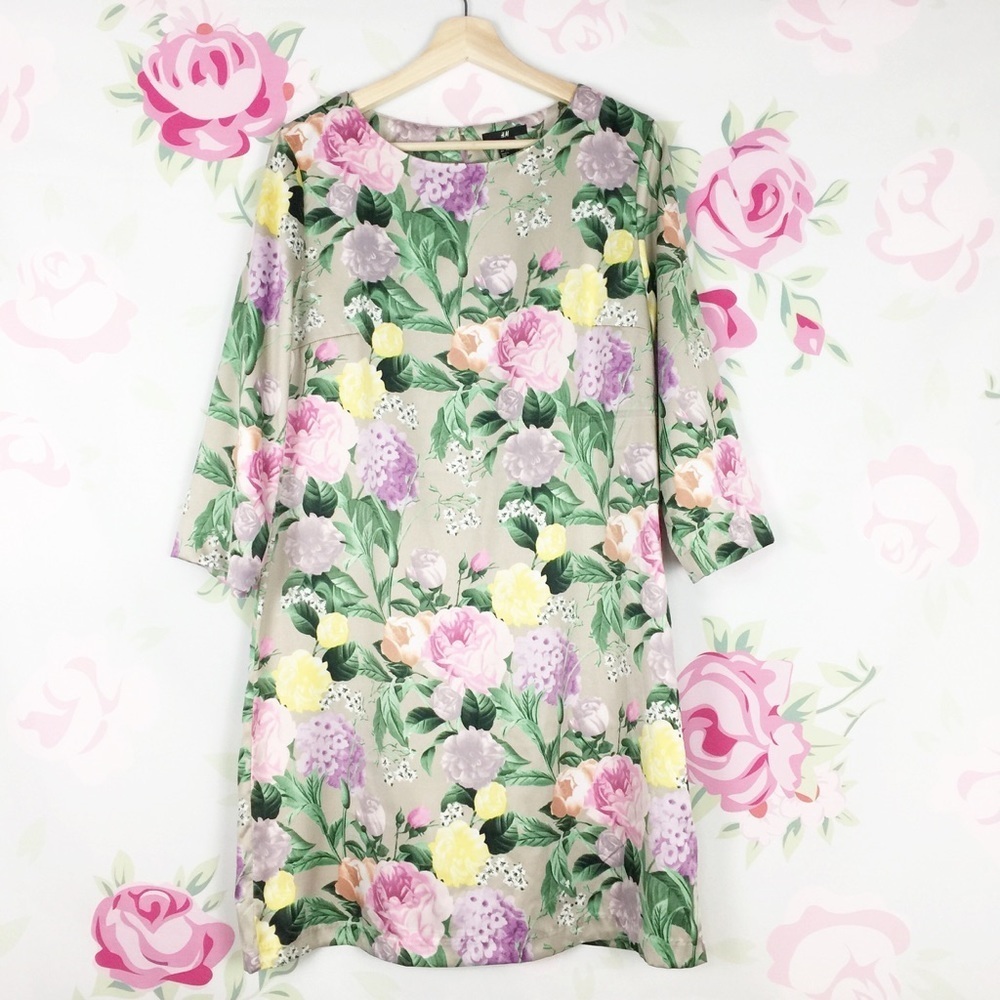 H&M Printed Floral Tropical Yellow Green Shift Dress 14